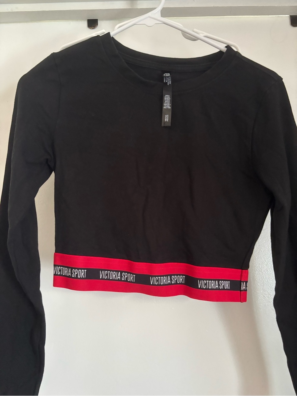 Victoria Sport Black Long Sleeve Cropped Tee with Red Trim